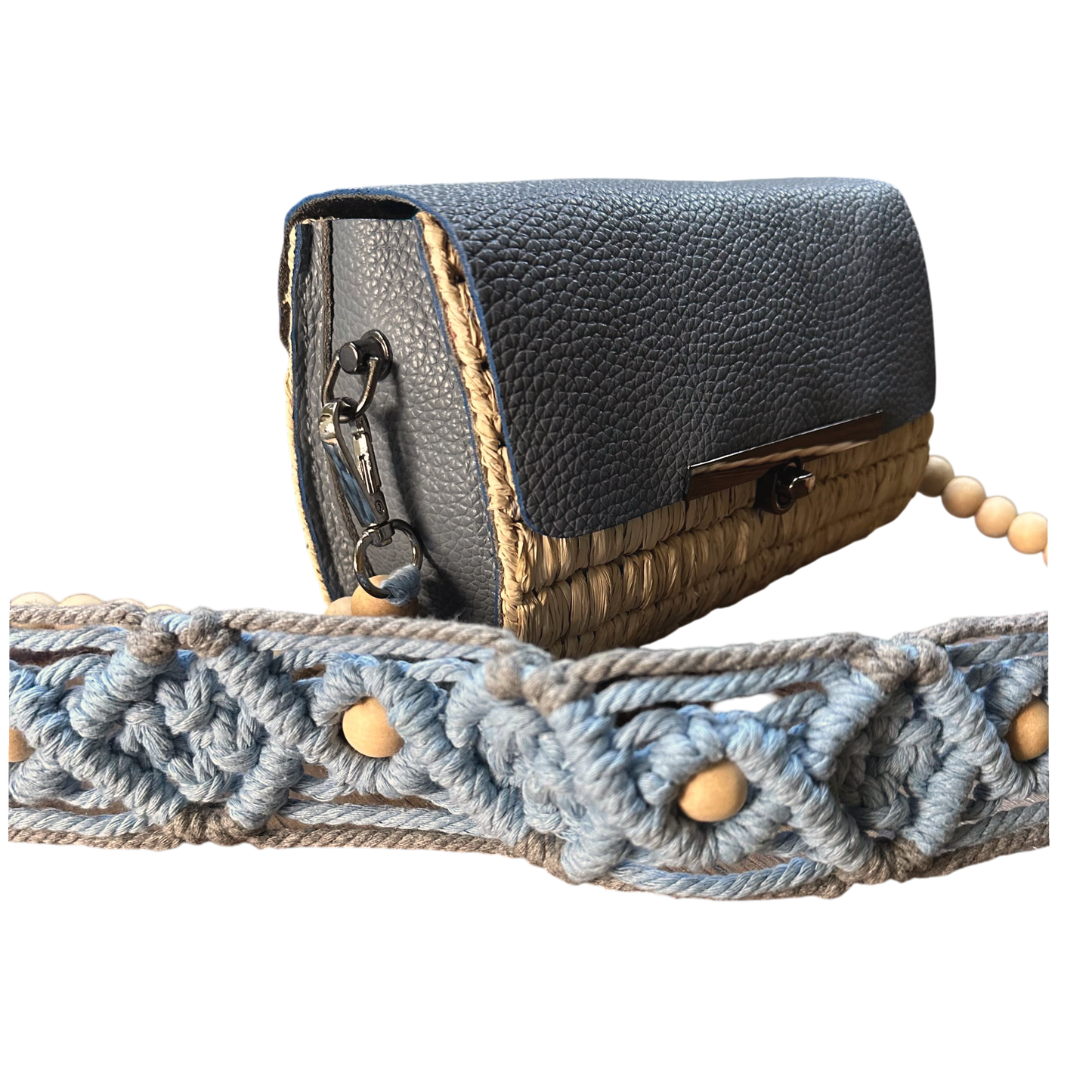 Blue Macramé Beaded Strap Bag – Handmade Raffia Crossbody with Real Leather Flap