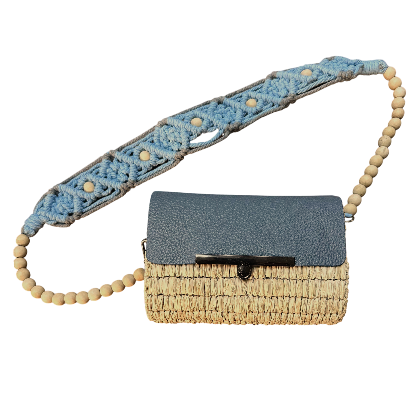 Blue Macramé Beaded Strap Bag – Handmade Raffia Crossbody with Real Leather Flap