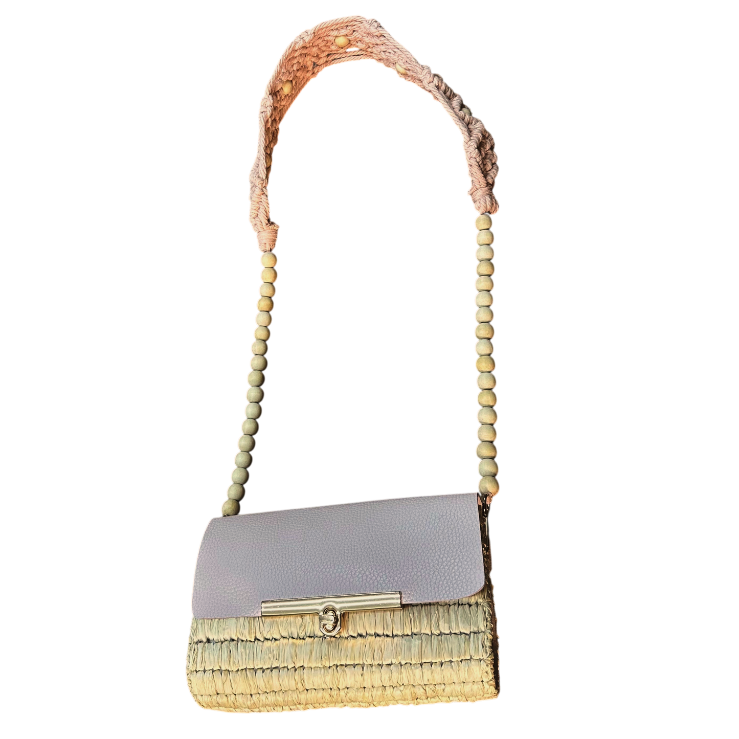 Blush Macramé Beaded Strap Bag – Handmade Raffia Crossbody with Real Leather Flap