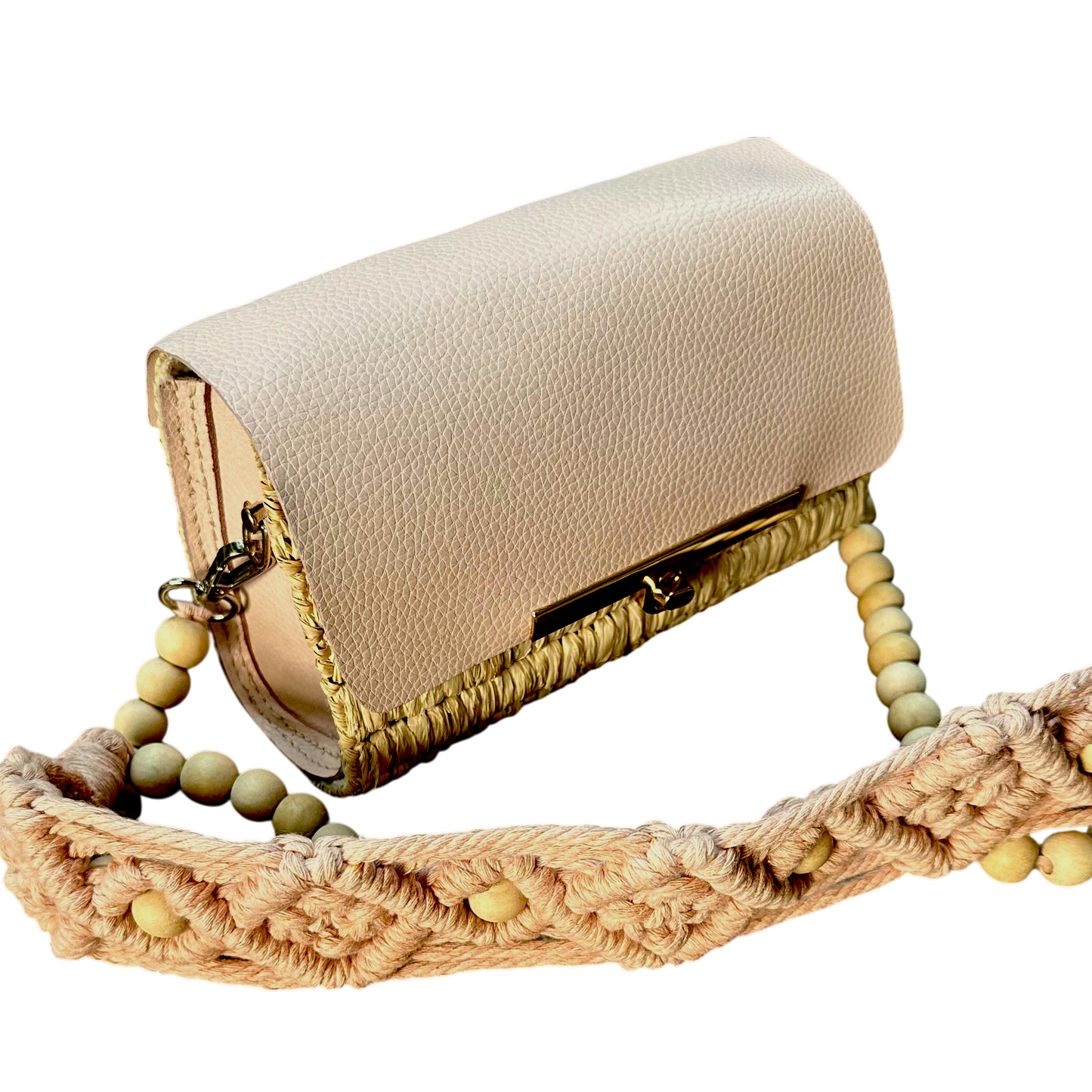 Blush Macramé Beaded Strap Bag – Handmade Raffia Crossbody with Real Leather Flap