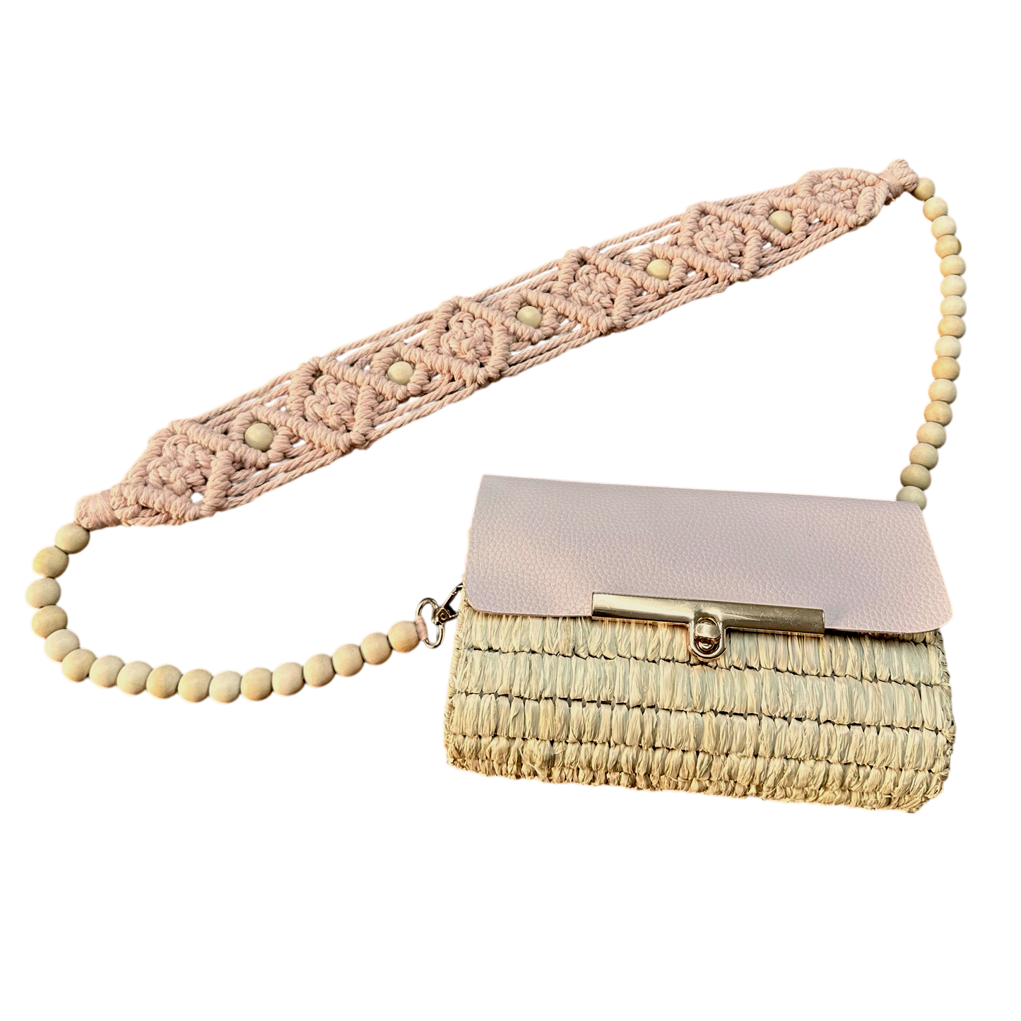 Blush Macramé Beaded Strap Bag – Handmade Raffia Crossbody with Real Leather Flap