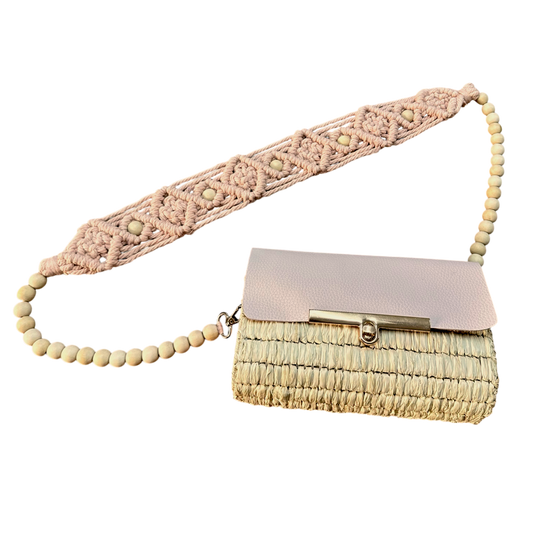 Blush Macramé Beaded Strap Bag – Handmade Raffia Crossbody with Real Leather Flap