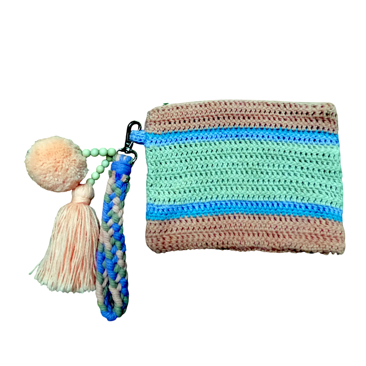 Crochet Pouch Bag with Macramé Hand Sling – Tassel & Pom-Pom Wristlet