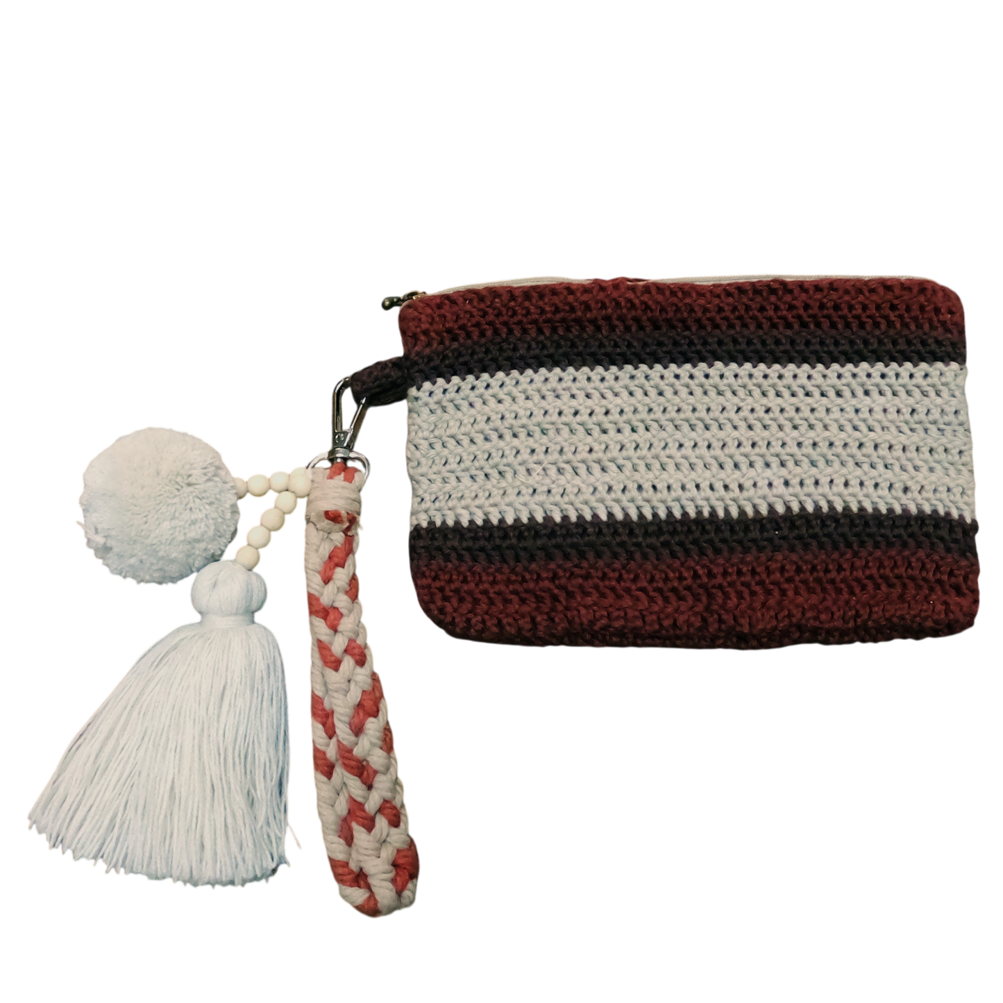Crochet Pouch Bag with Macramé Hand Sling – Tassel & Pom-Pom Wristlet