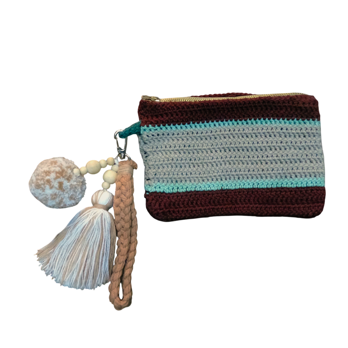 Crochet Pouch Bag with Macramé Hand Sling – Tassel & Pom-Pom Wristlet