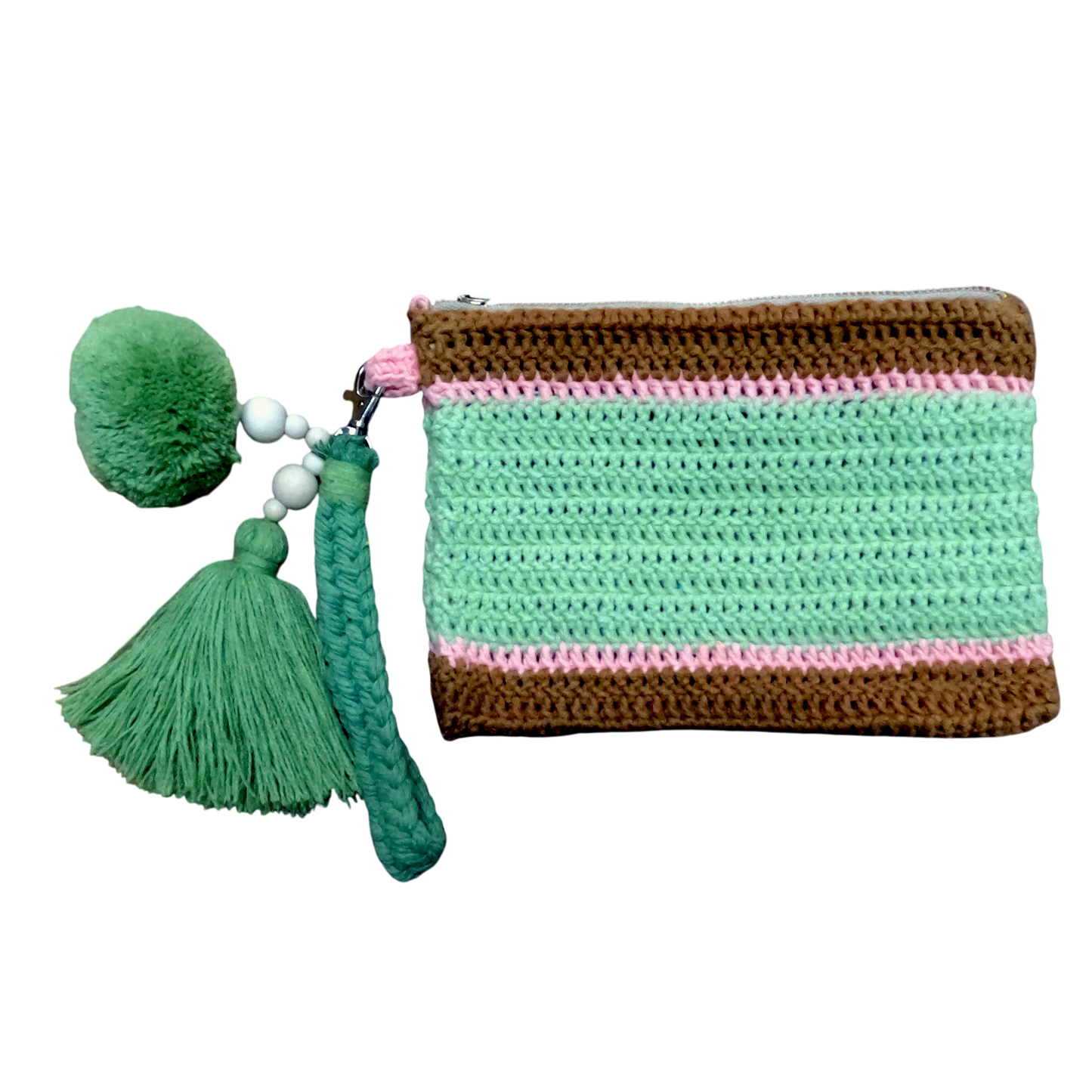Crochet Pouch Bag with Macramé Hand Sling – Tassel & Pom-Pom Wristlet