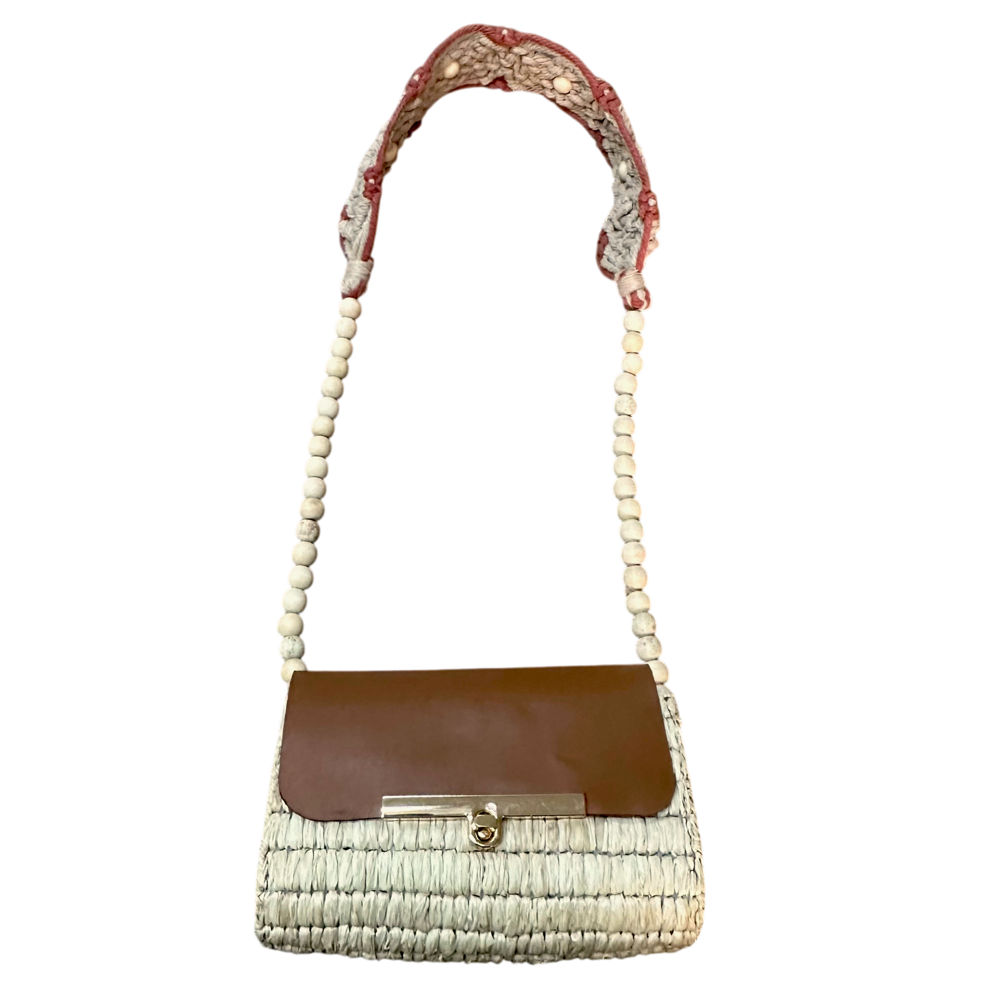Brown Macramé Beaded Strap Bag – Handmade Raffia Crossbody with Real Leather Flap