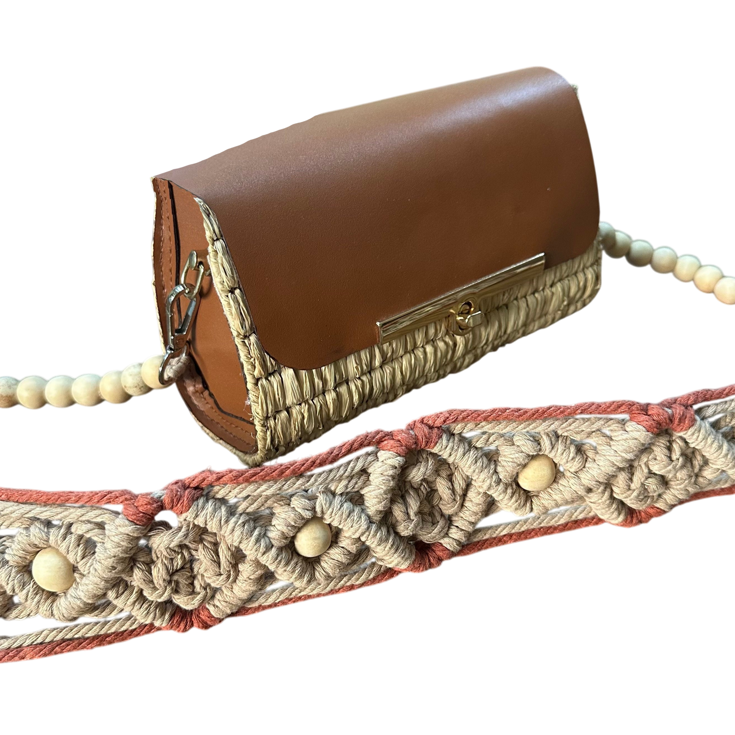 Brown Macramé Beaded Strap Bag – Handmade Raffia Crossbody with Real Leather Flap
