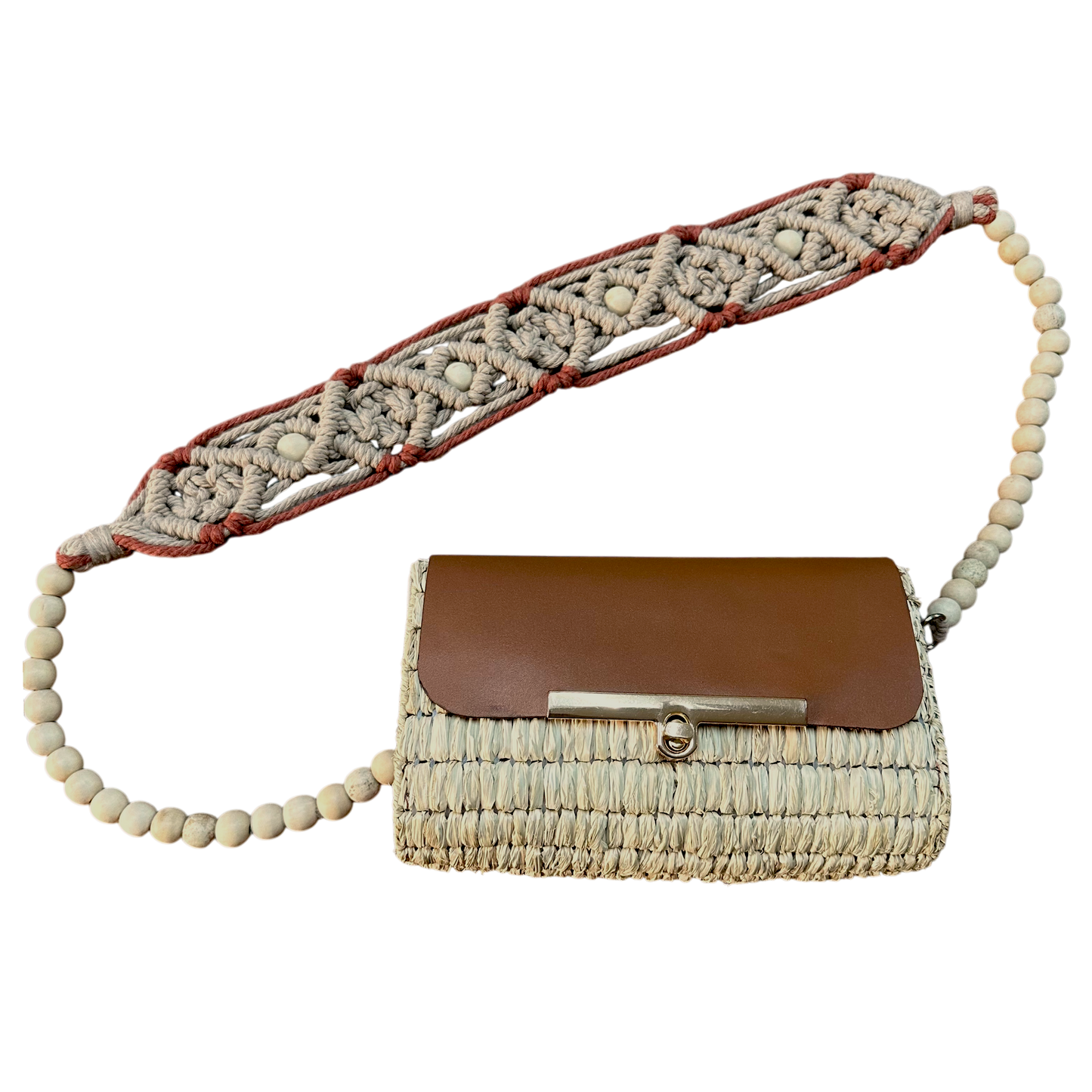Brown Macramé Beaded Strap Bag – Handmade Raffia Crossbody with Real Leather Flap