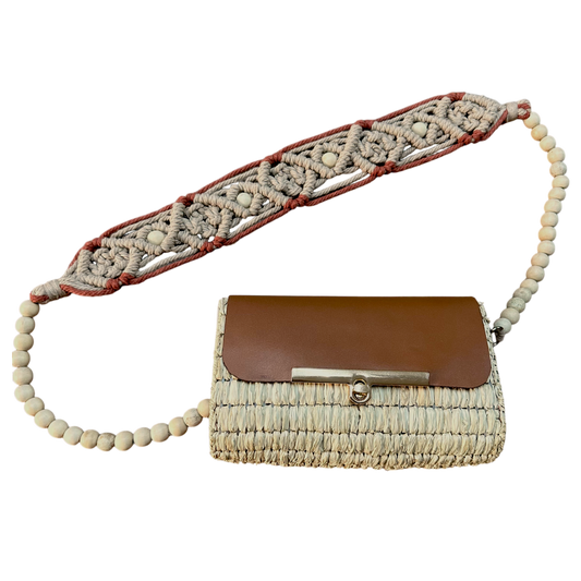Brown Macramé Beaded Strap Bag – Handmade Raffia Crossbody with Real Leather Flap