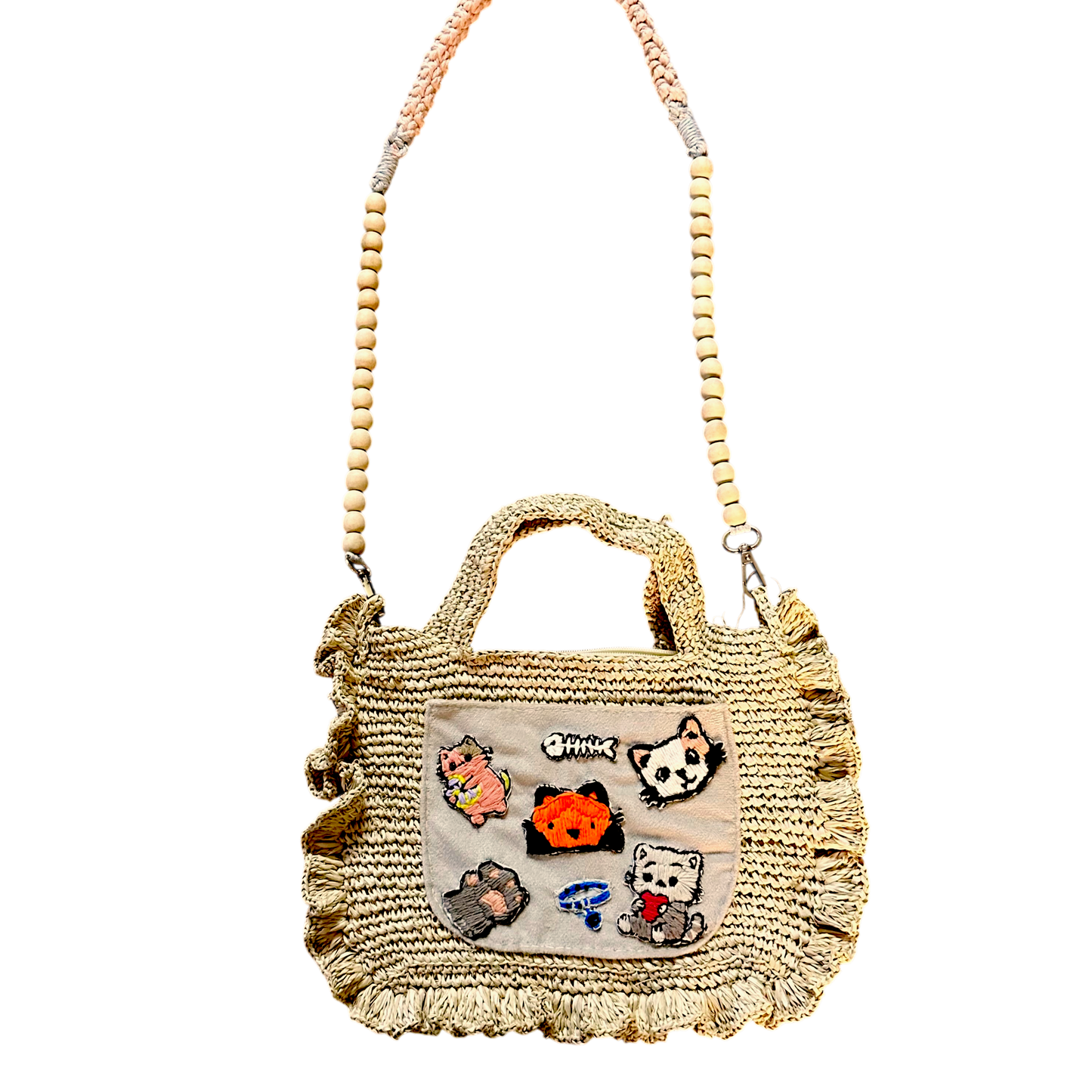 Asik-Asik Raffia Crochet Bag – Handmade Sling Bag with Embroidered Cat Patches & Wooden Beads