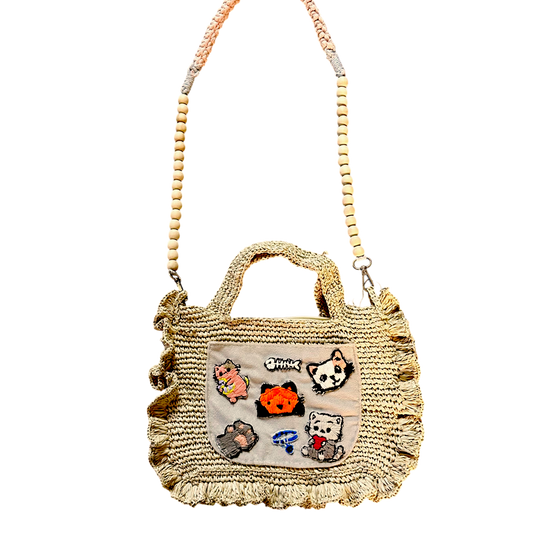 Asik-Asik Raffia Crochet Bag – Handmade Sling Bag with Embroidered Cat Patches & Wooden Beads
