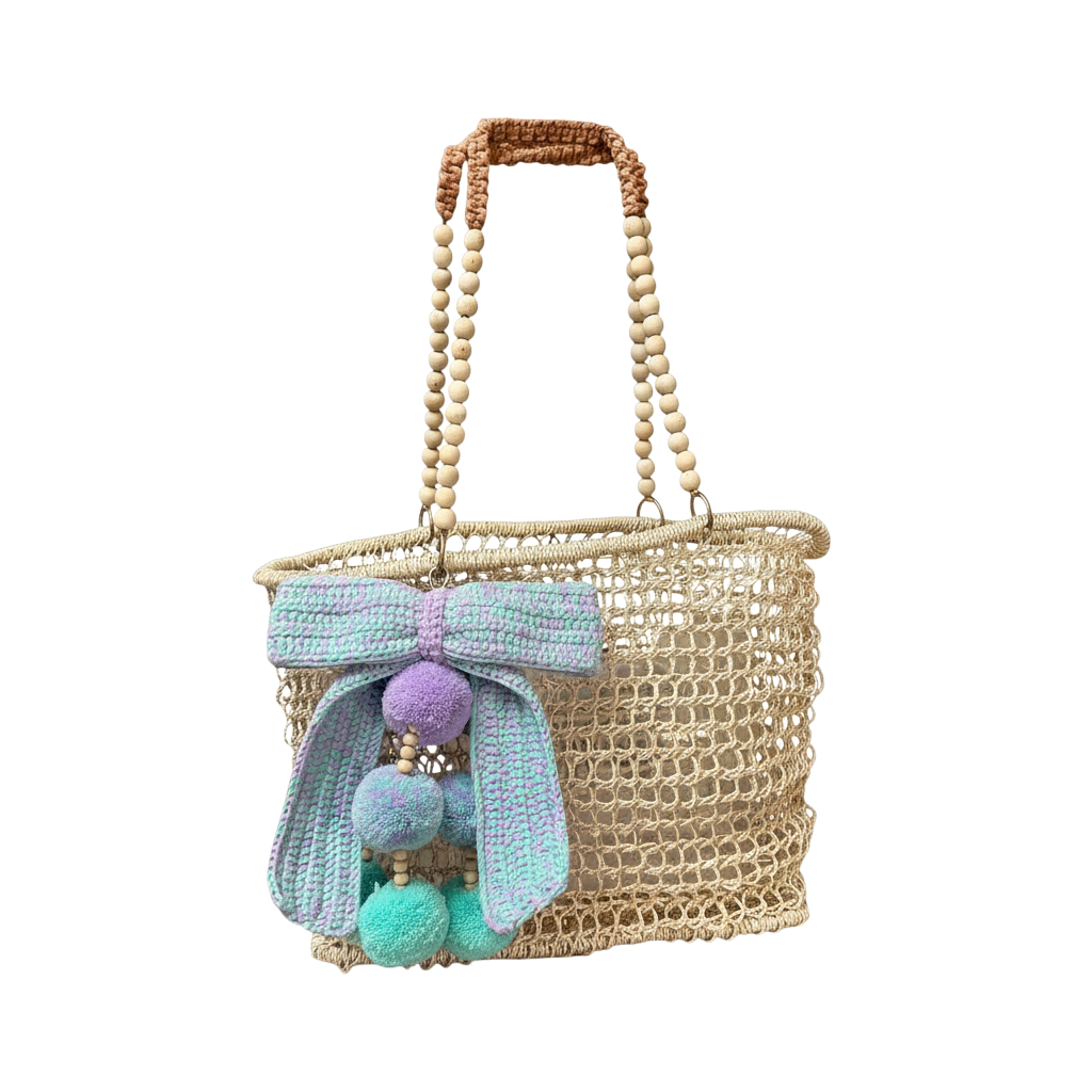 Merloquet Collapsible Abaca Tote Bag with Beaded Handle & Pom-Pom Bow (Violet &amp; Aqua Accent)