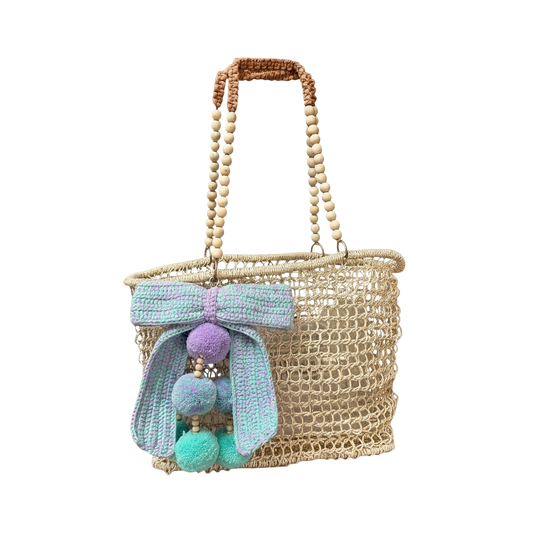 Merloquet Collapsible Abaca Tote Bag with Beaded Handle & Pom-Pom Bow (Violet &amp; Aqua Accent)