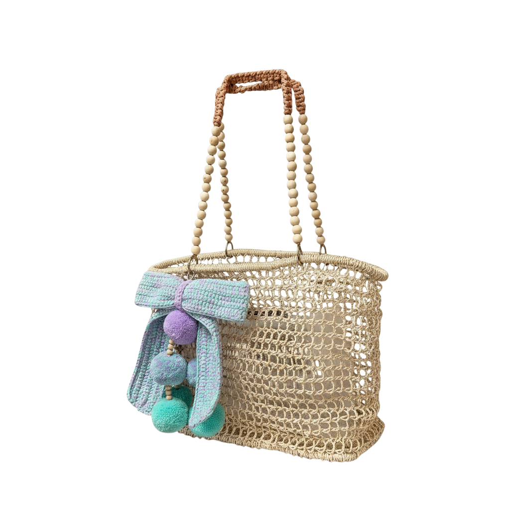 Merloquet Collapsible Abaca Tote Bag with Beaded Handle & Pom-Pom Bow (Violet &amp; Aqua Accent)