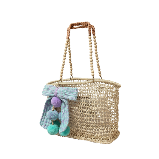 Merloquet Collapsible Abaca Tote Bag with Beaded Handle & Pom-Pom Bow (Violet &amp; Aqua Accent)