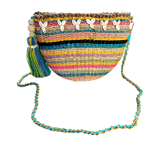 Colorful Abaca Half-Moon Bag – Handmade Woven Sling with Chain Strap & Tassel Charm
