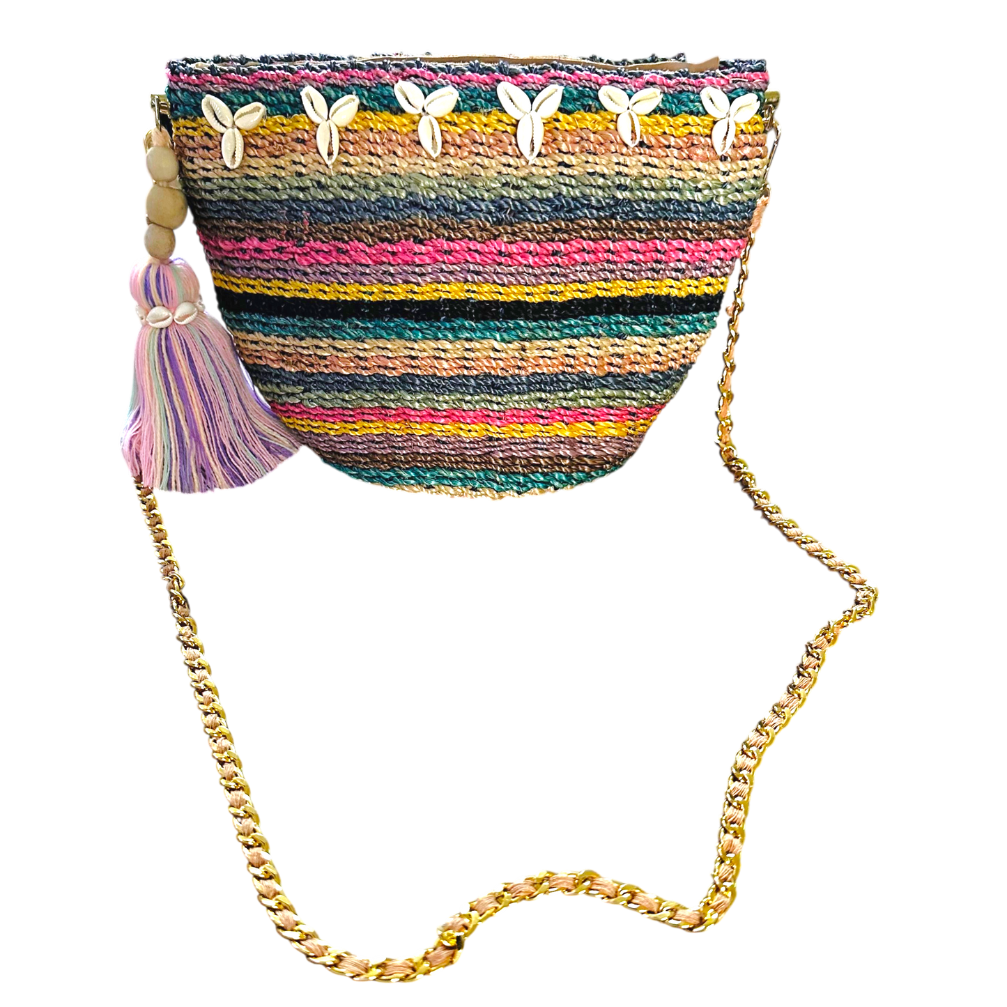 Colorful Abaca Half-Moon Bag – Handmade Woven Sling with Chain Strap & Tassel Charm
