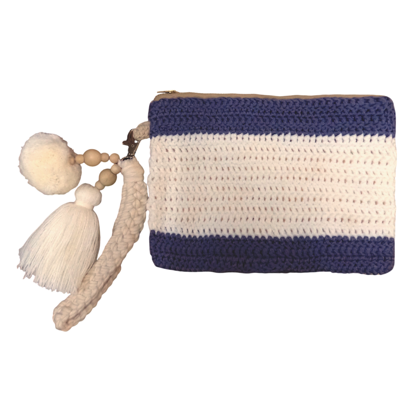 Crochet Pouch Bag with Macramé Hand Sling – Tassel & Pom-Pom Wristlet
