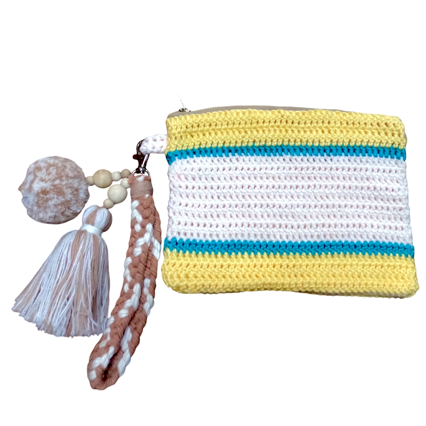 Crochet Pouch Bag with Macramé Hand Sling – Tassel & Pom-Pom Wristlet