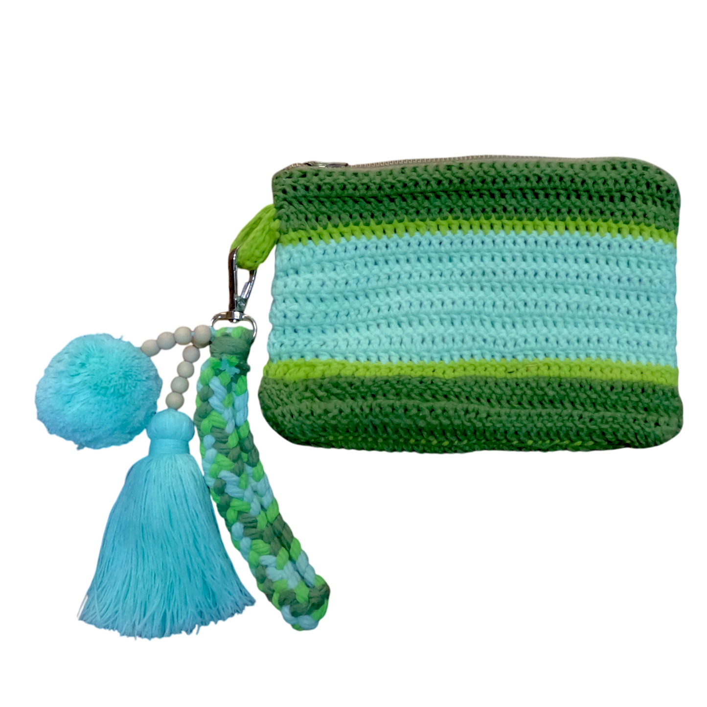 Crochet Pouch Bag with Macramé Hand Sling – Tassel & Pom-Pom Wristlet