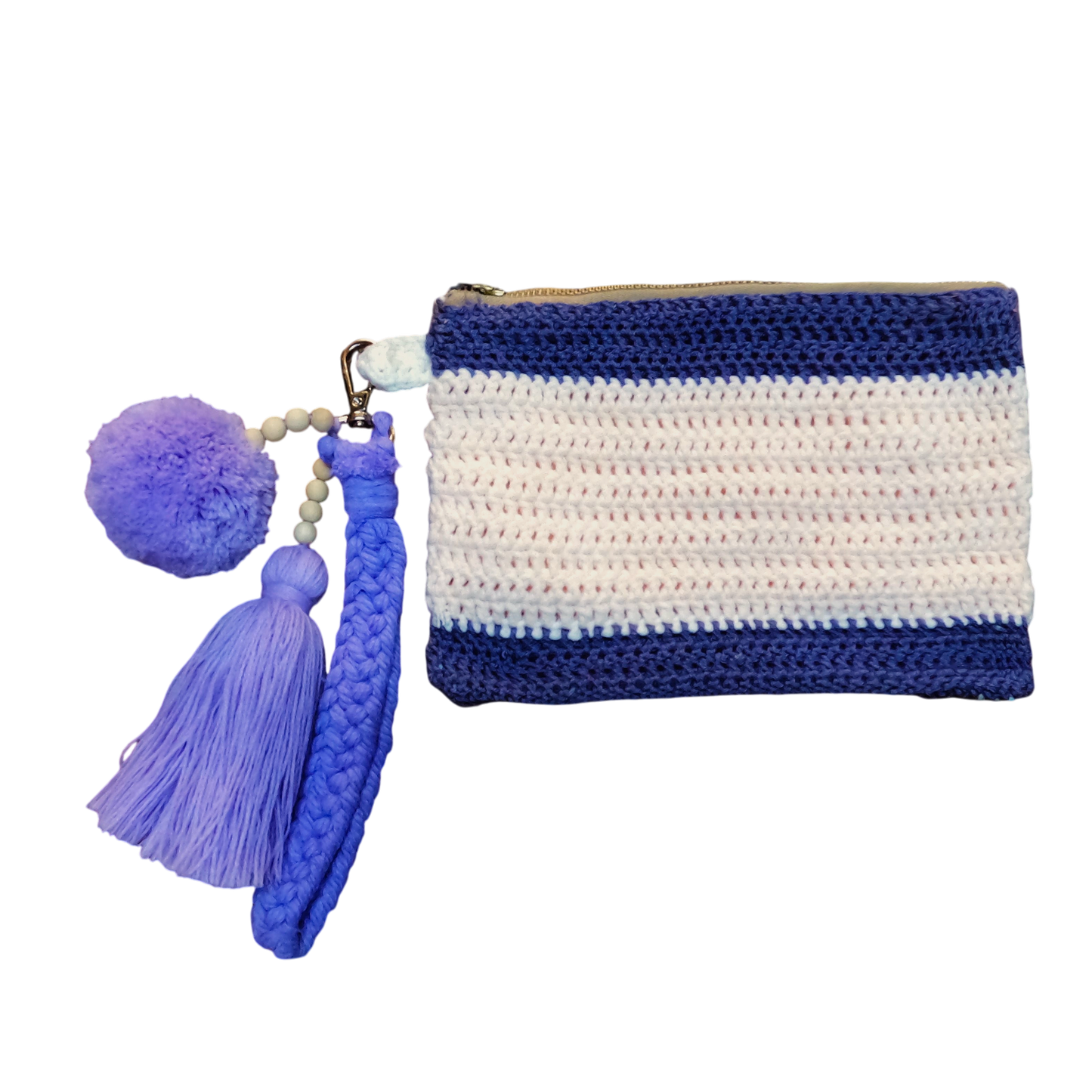 Crochet Pouch Bag with Macramé Hand Sling – Tassel & Pom-Pom Wristlet
