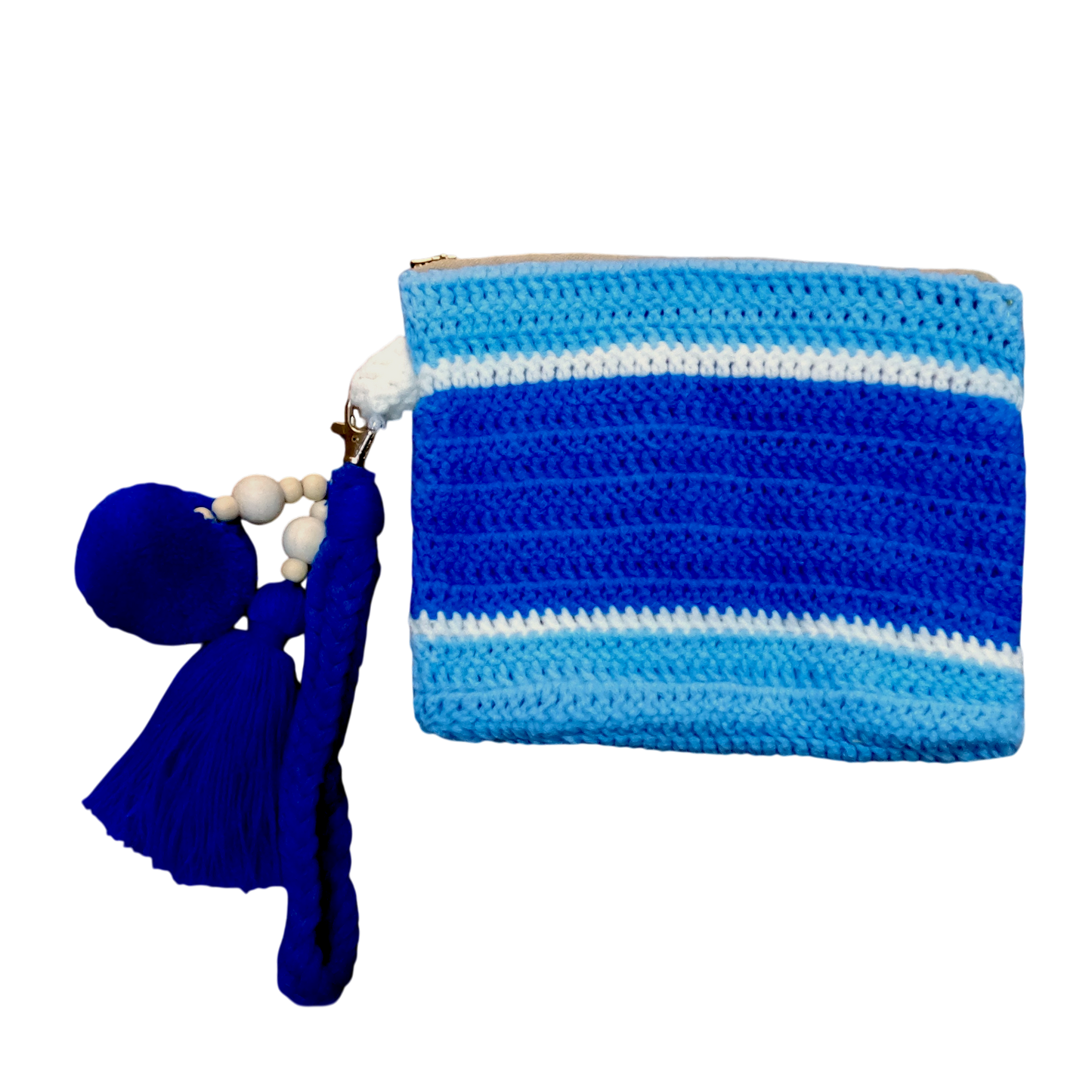 Crochet Pouch Bag with Macramé Hand Sling – Tassel & Pom-Pom Wristlet
