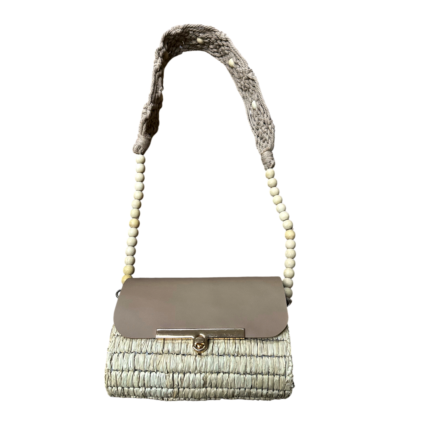 Skin Macramé Beaded Strap Bag – Handmade Raffia Crossbody with Real Leather Flap