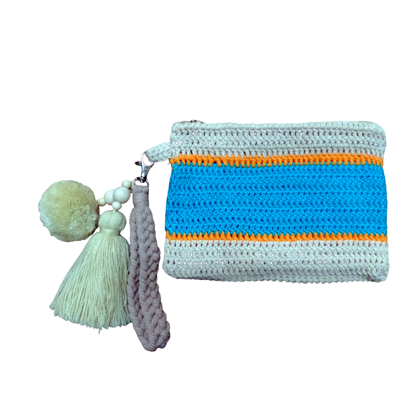 Crochet Pouch Bag with Macramé Hand Sling – Tassel & Pom-Pom Wristlet
