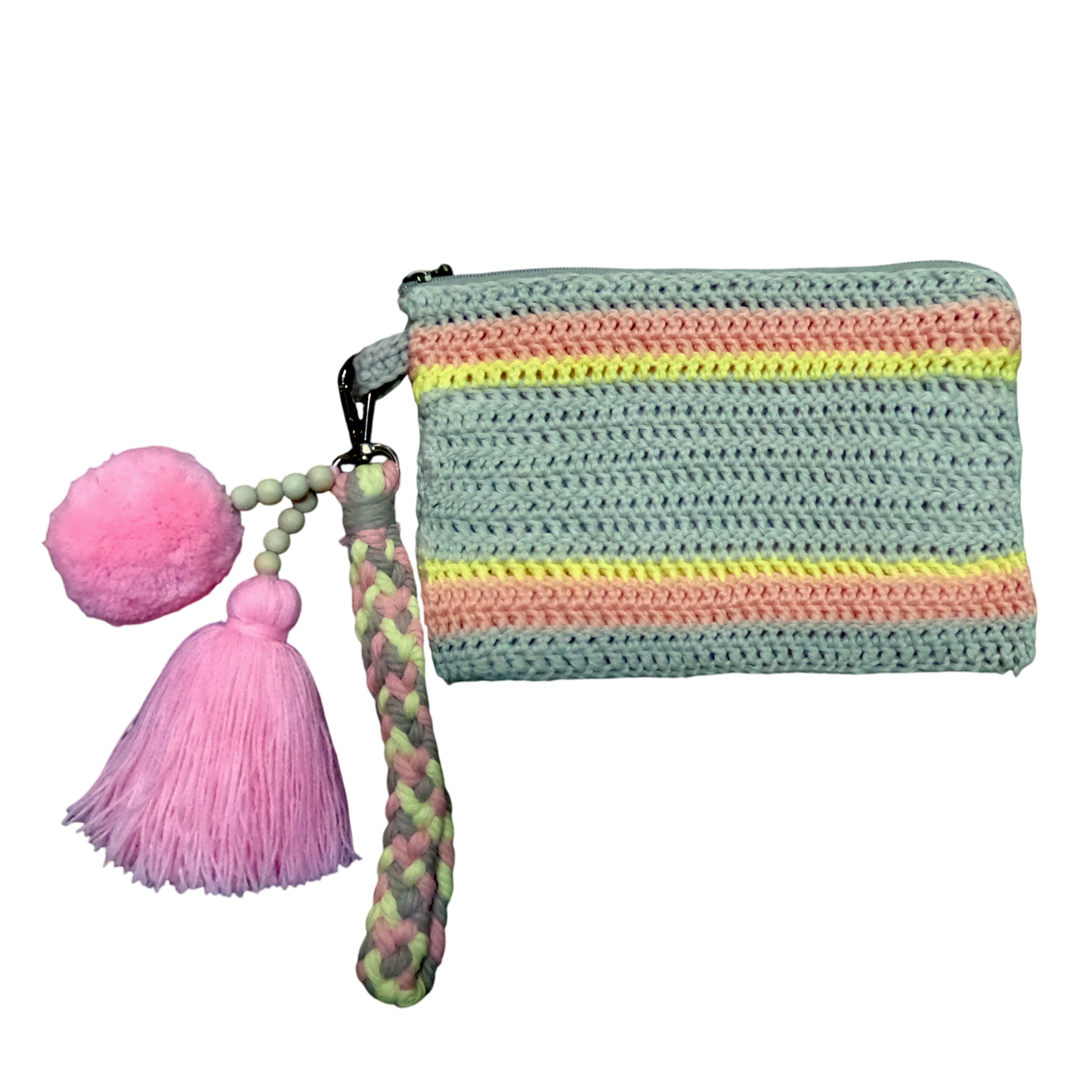 Crochet Pouch Bag with Macramé Hand Sling – Tassel & Pom-Pom Wristlet