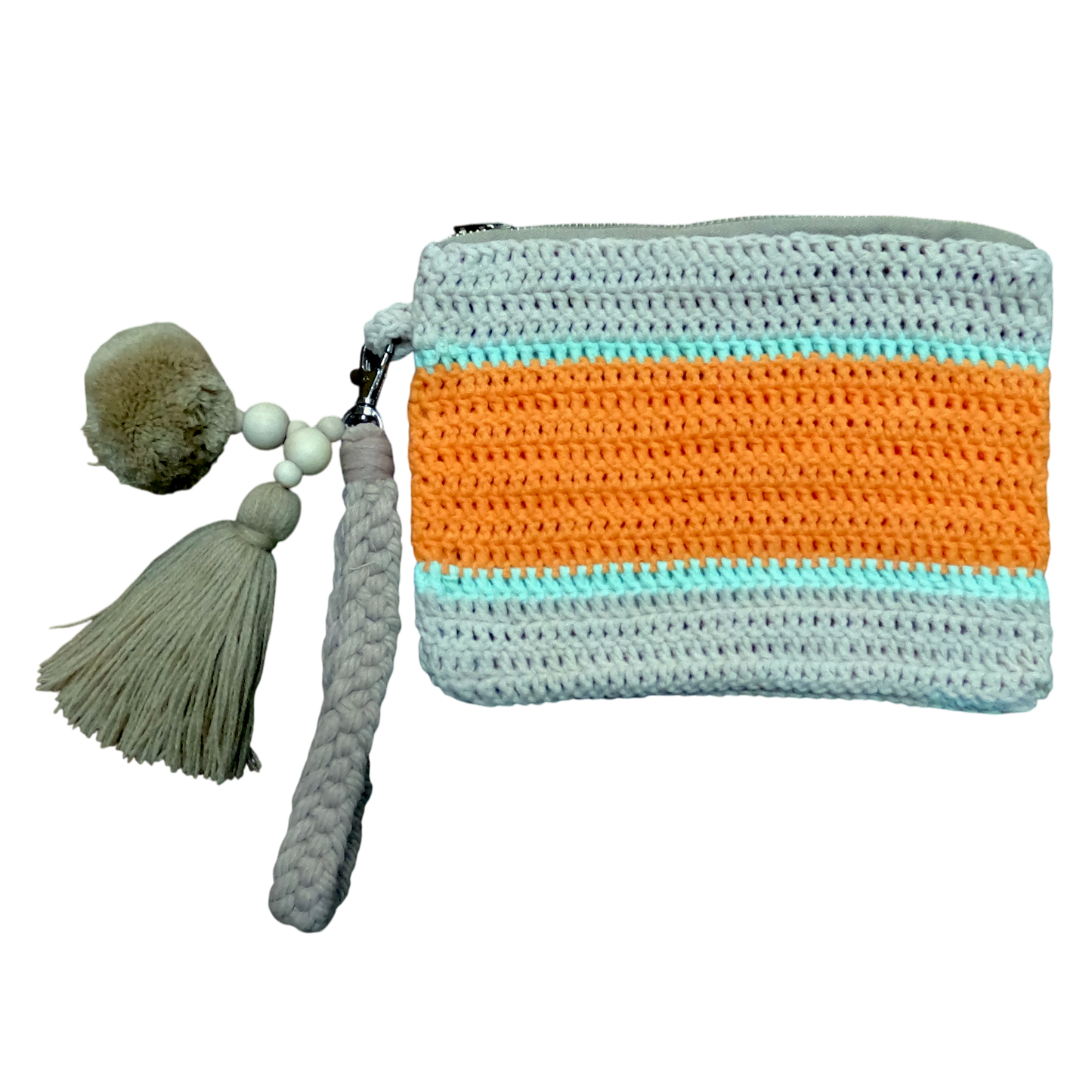 Crochet Pouch Bag with Macramé Hand Sling – Tassel & Pom-Pom Wristlet