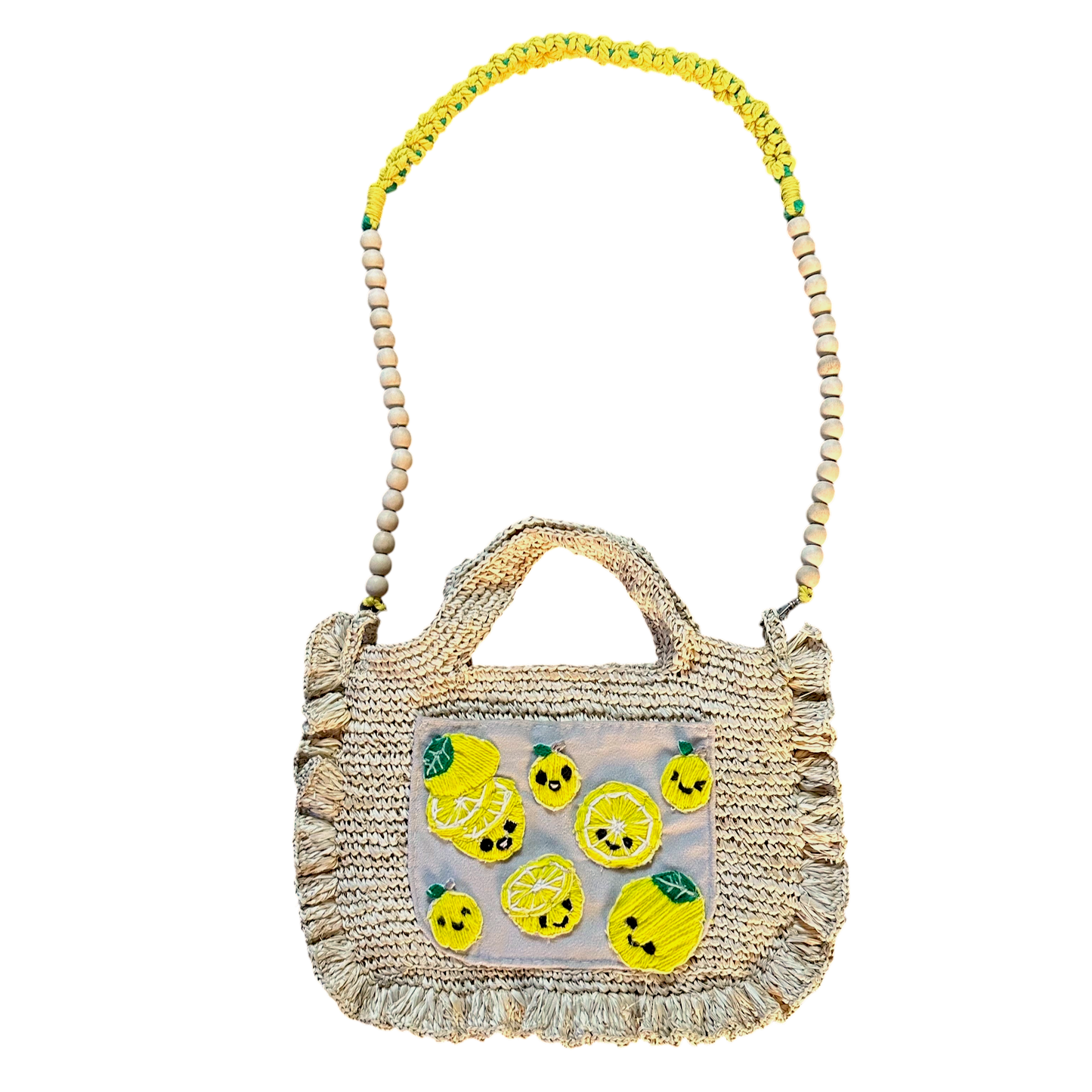 Asik-Asik Raffia Crochet Bag – Handmade Sling Bag with Embroidered Cat Patches & Wooden Beads