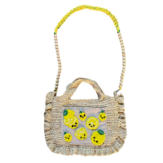 Asik-Asik Raffia Crochet Bag – Handmade Sling Bag with Embroidered Cat Patches & Wooden Beads