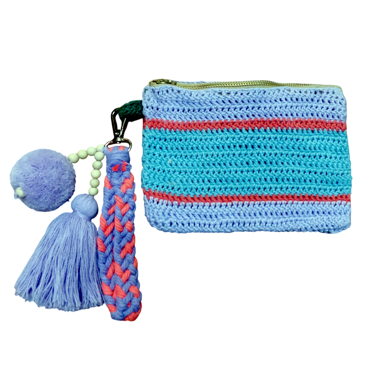 Crochet Pouch Bag with Macramé Hand Sling – Tassel & Pom-Pom Wristlet