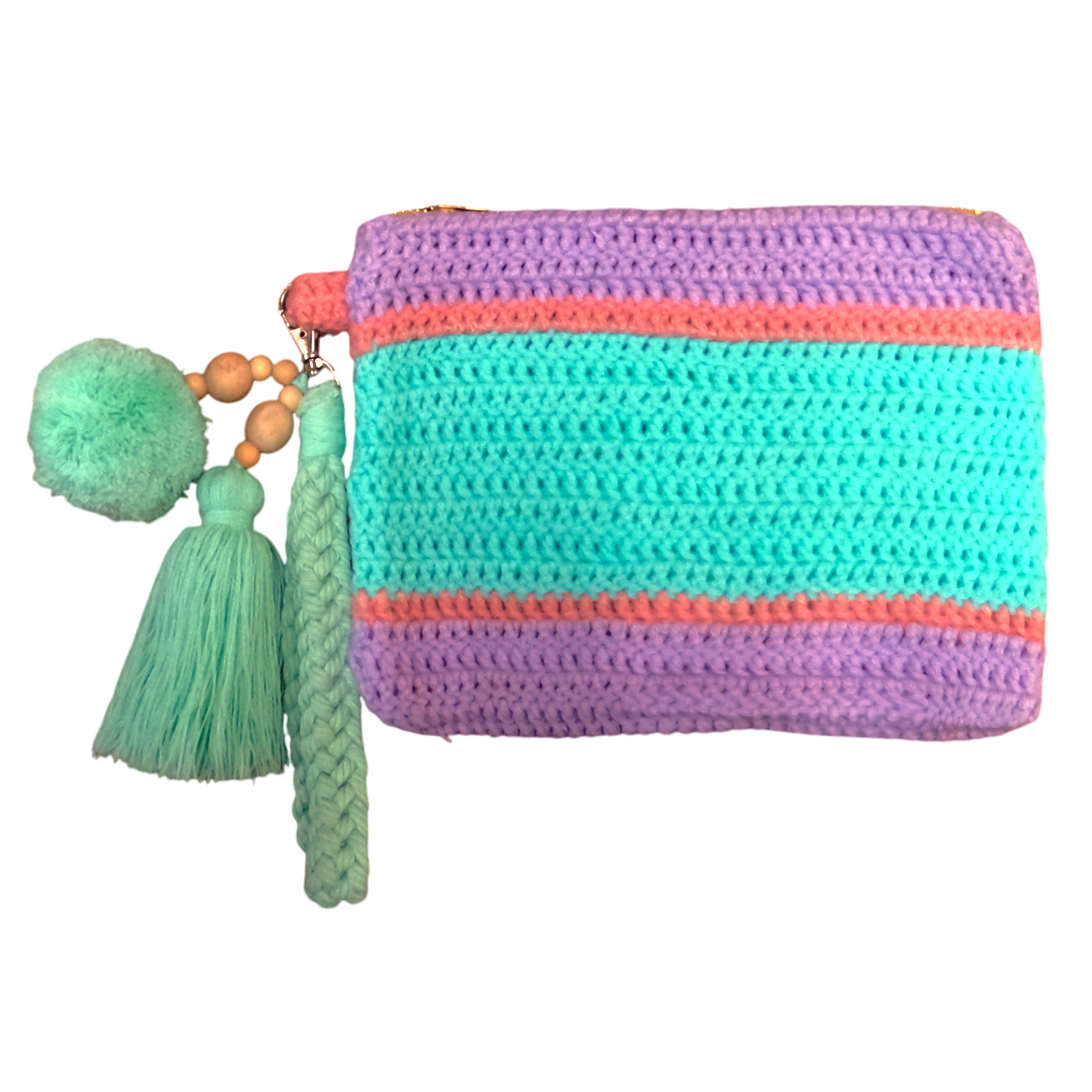 Crochet Pouch Bag with Macramé Hand Sling – Tassel & Pom-Pom Wristlet