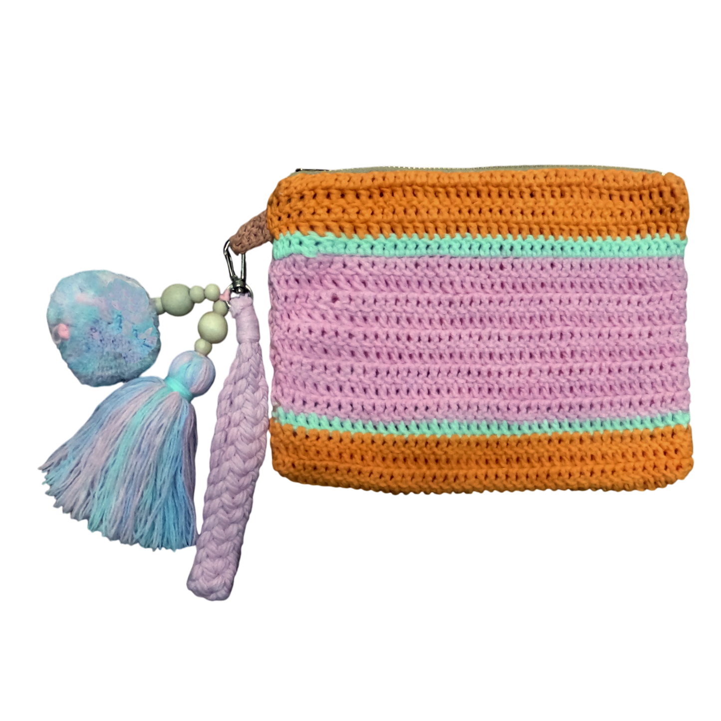 Crochet Pouch Bag with Macramé Hand Sling – Tassel & Pom-Pom Wristlet