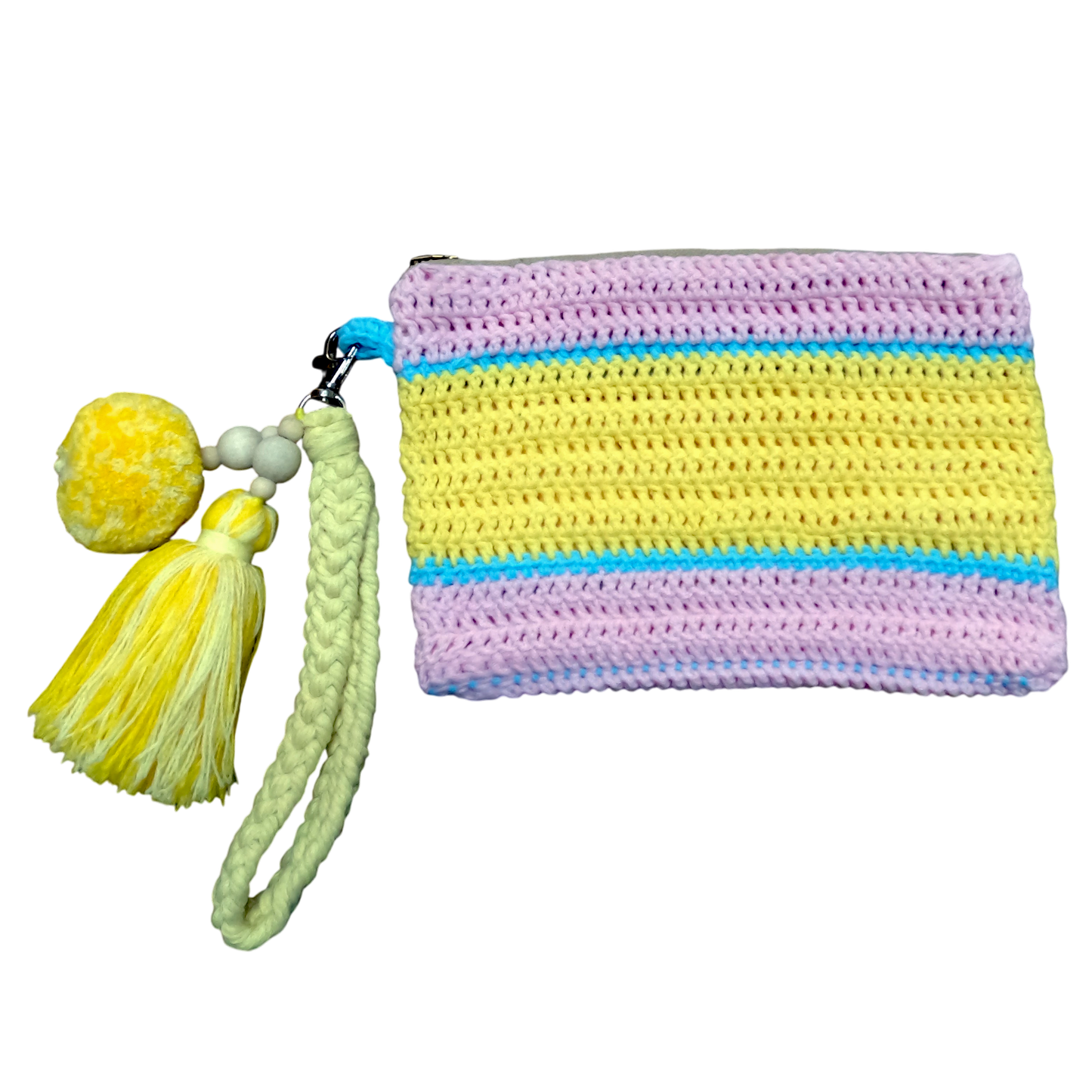 Crochet Pouch Bag with Macramé Hand Sling – Tassel & Pom-Pom Wristlet