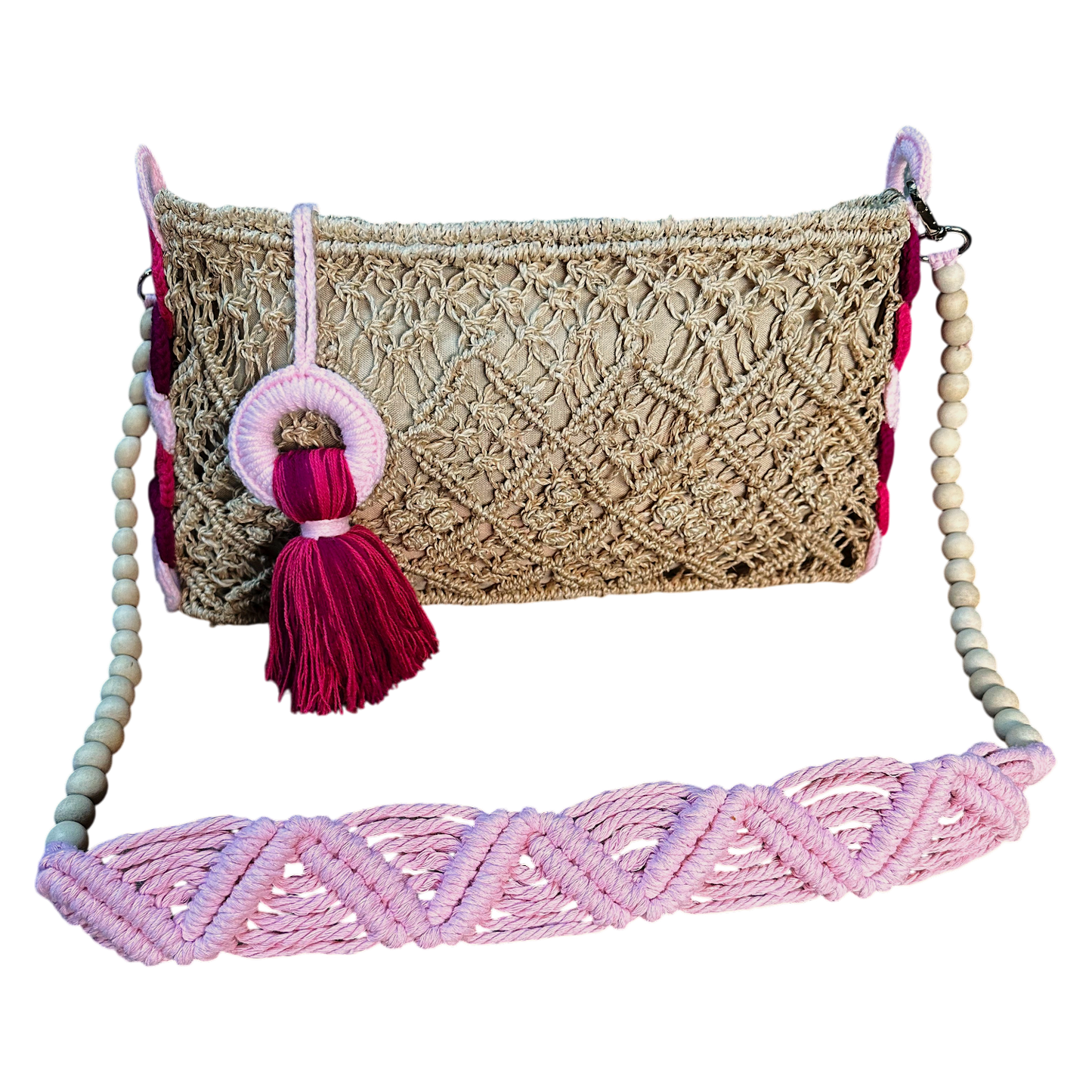 Abaca Mermaid Bag Pastel Pink – Handmade Macramé Sling Bag with Tassel & Wooden Beads