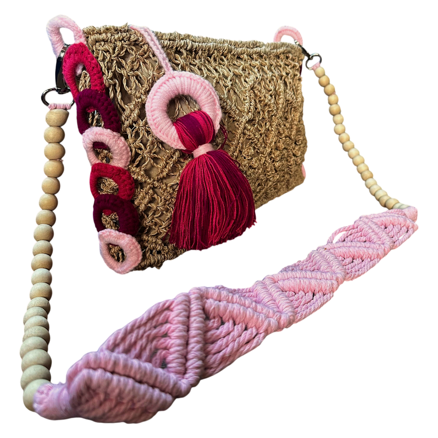 Abaca Mermaid Bag Pastel Pink – Handmade Macramé Sling Bag with Tassel & Wooden Beads