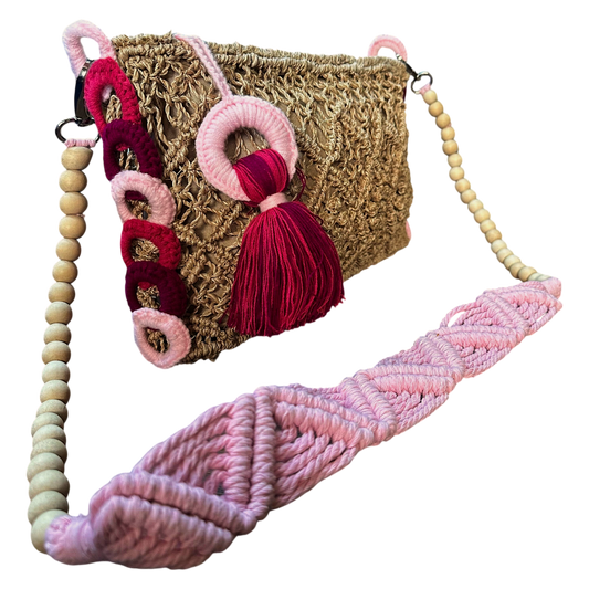 Abaca Mermaid Bag Pastel Pink – Handmade Macramé Sling Bag with Tassel & Wooden Beads