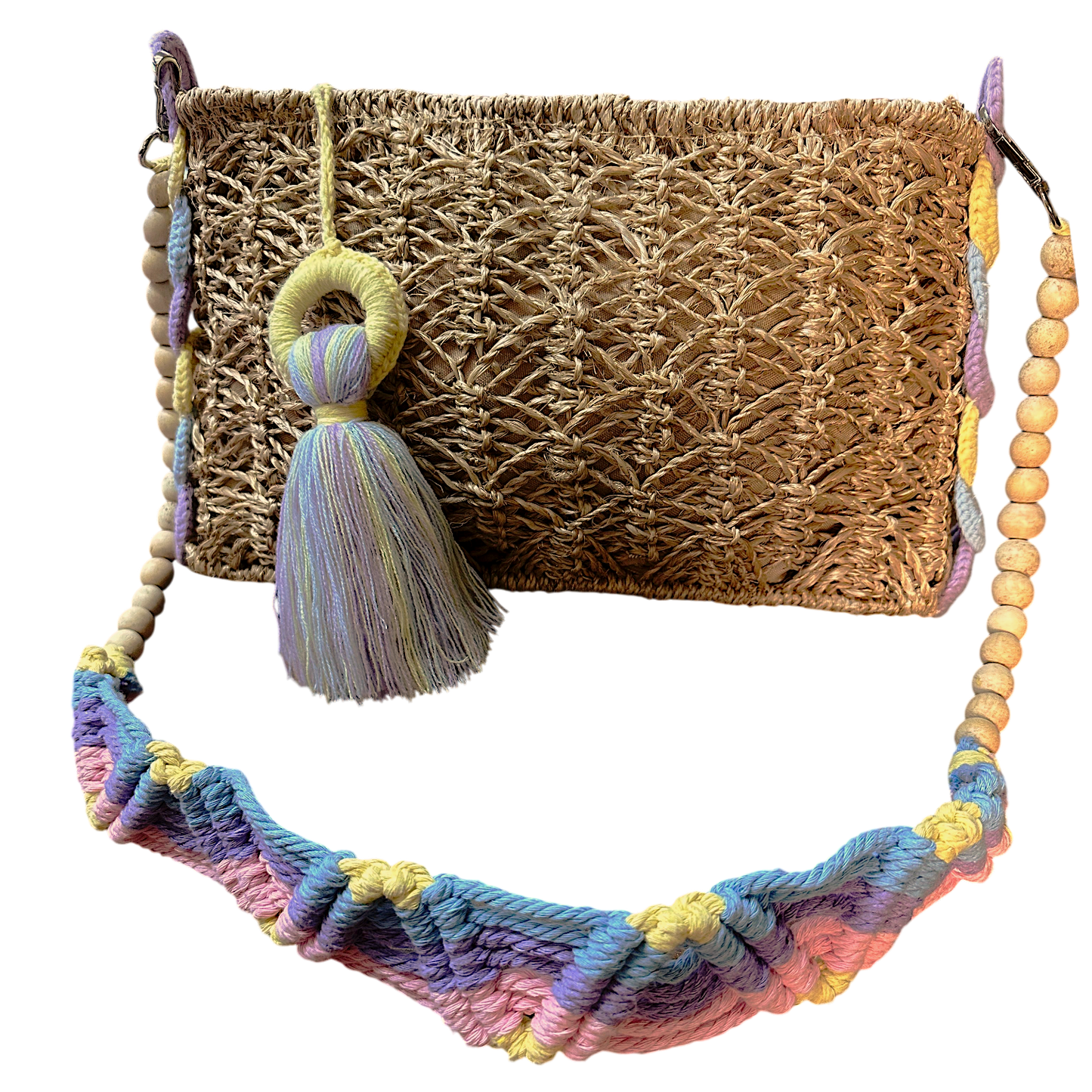 Abaca Mermaid Bag Pastel Yellow – Handmade Macramé Sling Bag with Tassel & Wooden Beads