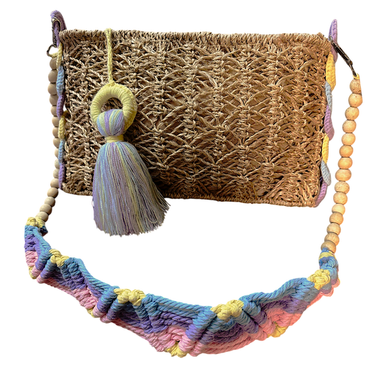Abaca Mermaid Bag Pastel Yellow – Handmade Macramé Sling Bag with Tassel & Wooden Beads