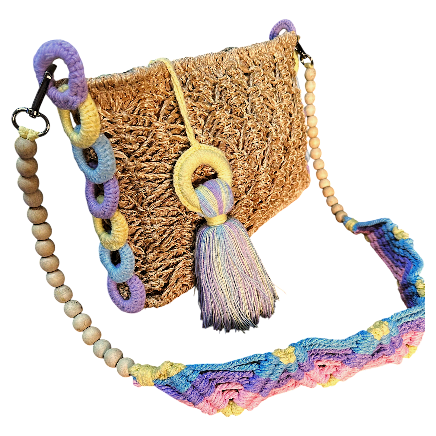 Abaca Mermaid Bag Pastel Yellow – Handmade Macramé Sling Bag with Tassel & Wooden Beads