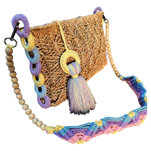 Abaca Mermaid Bag Pastel Yellow – Handmade Macramé Sling Bag with Tassel & Wooden Beads