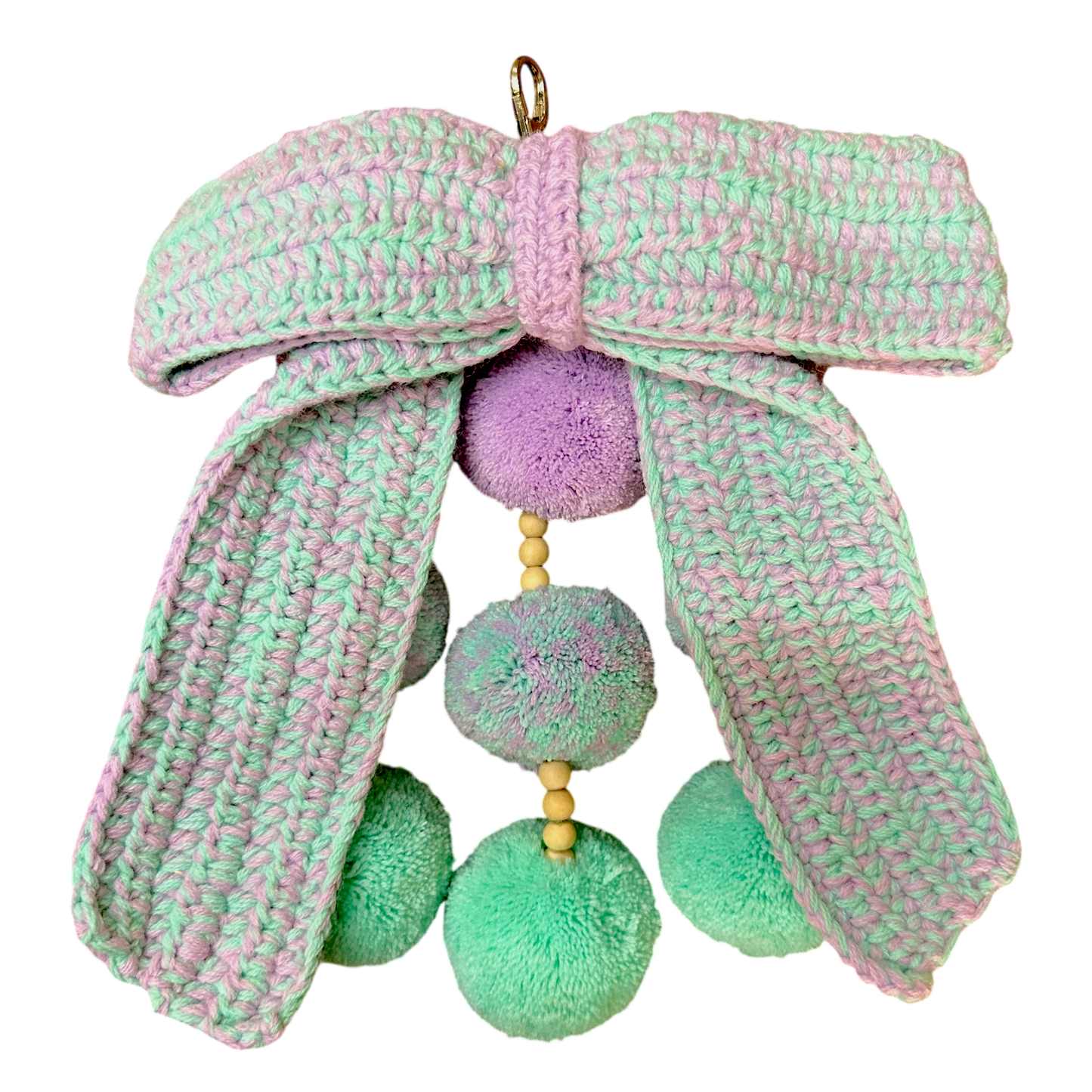 Waterfall Bag Charm Pastel Lilac & Mint Crochet Bow with 9 Pom-Poms
