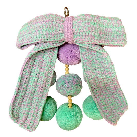 Waterfall Bag Charm Pastel Lilac & Mint Crochet Bow with 9 Pom-Poms