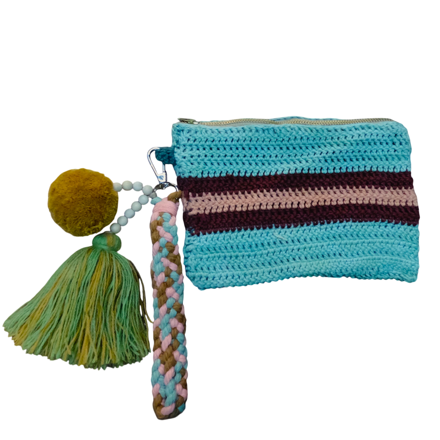 Crochet Pouch Bag with Macramé Hand Sling – Tassel & Pom-Pom Wristlet