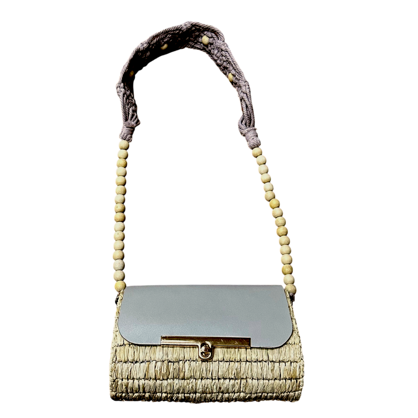 Mauve Macramé Beaded Strap Bag – Handmade Raffia Crossbody with Real Leather Flap
