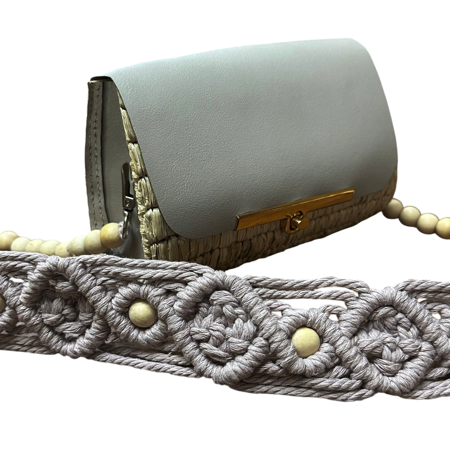 Mauve Macramé Beaded Strap Bag – Handmade Raffia Crossbody with Real Leather Flap