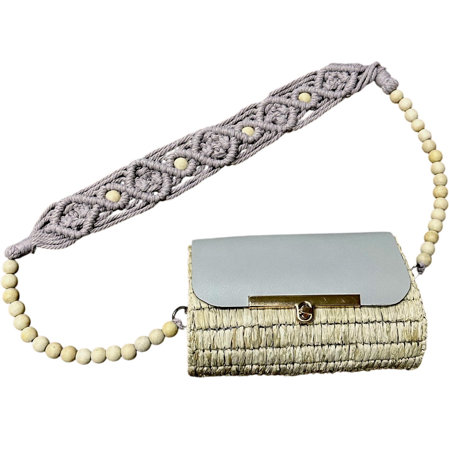 Mauve Macramé Beaded Strap Bag – Handmade Raffia Crossbody with Real Leather Flap